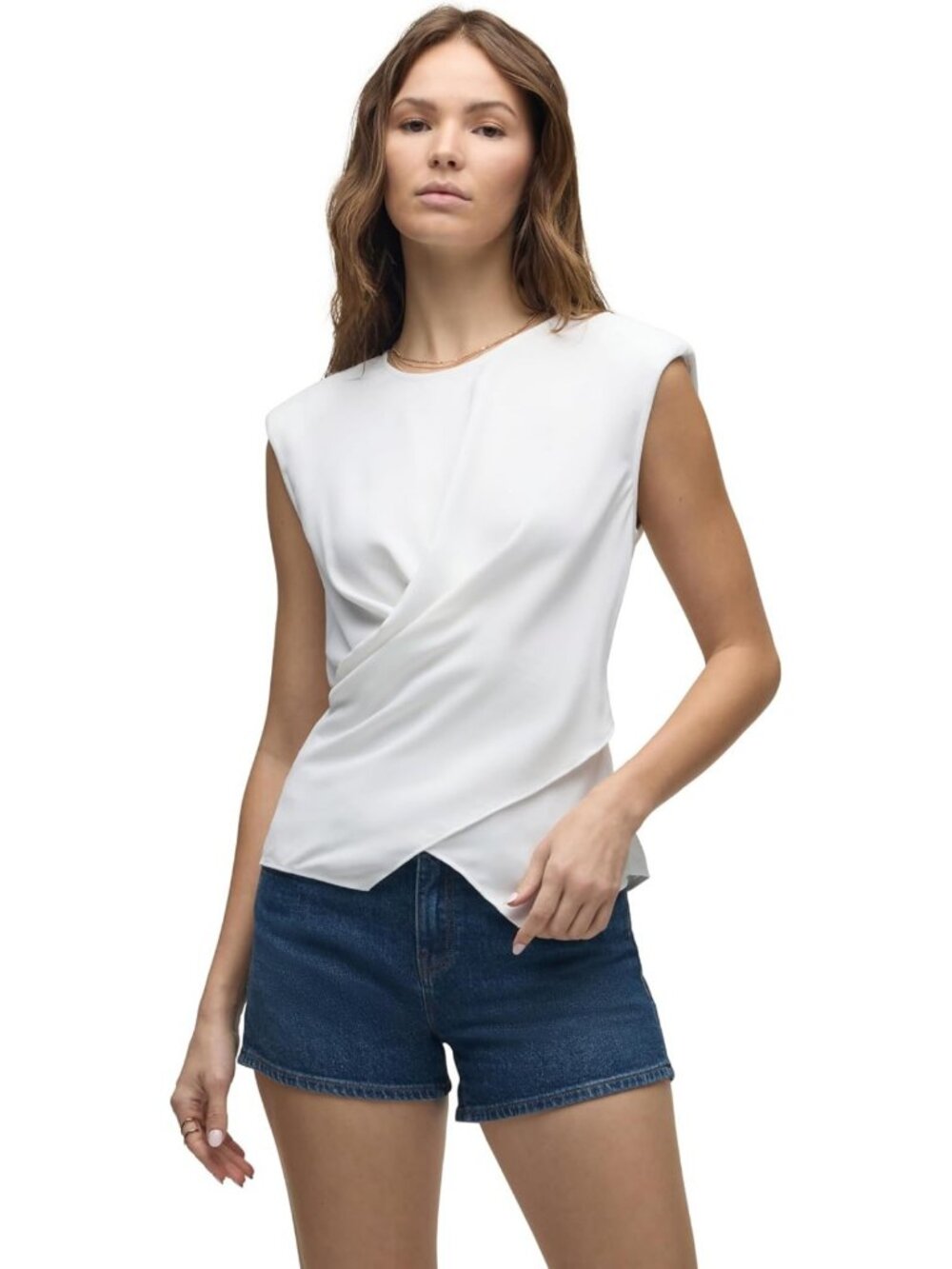 Stylish Women's Sleeveless Wrap Tee with Shoulder Pads - Trendy Casual Top
